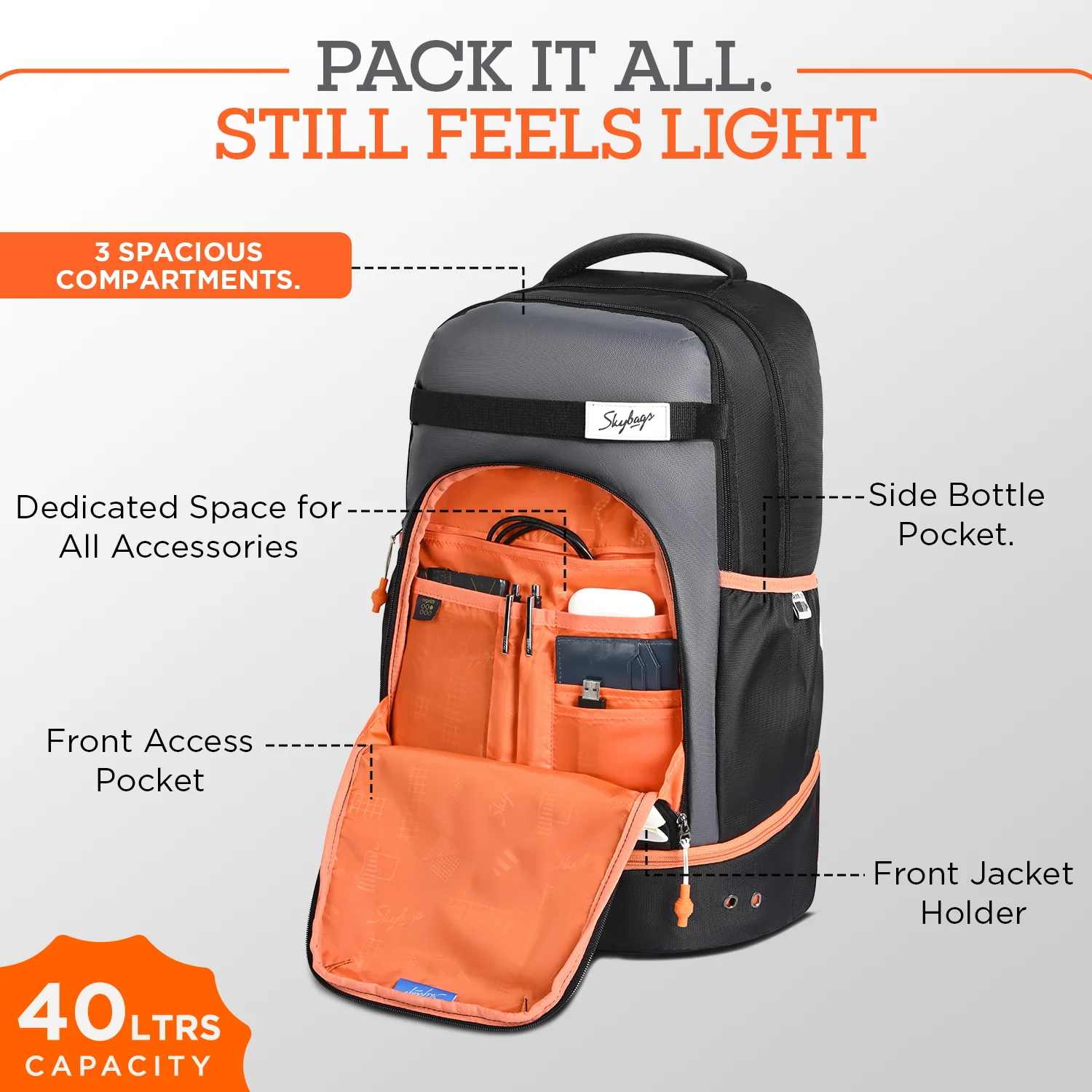 Skybags ACTIV 01 LAPTOP BP 40L CHARCOAL BLACK - Image 3
