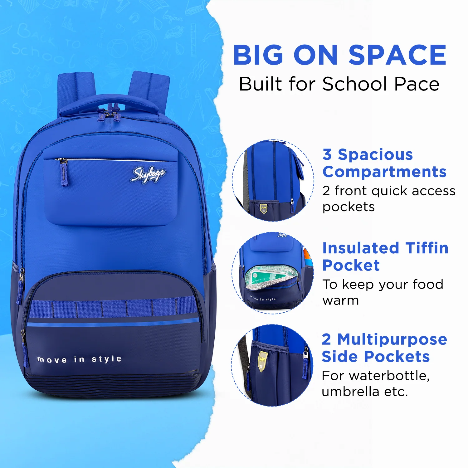 Skybags Bussin 01 School Backpack, Blue - Image 3