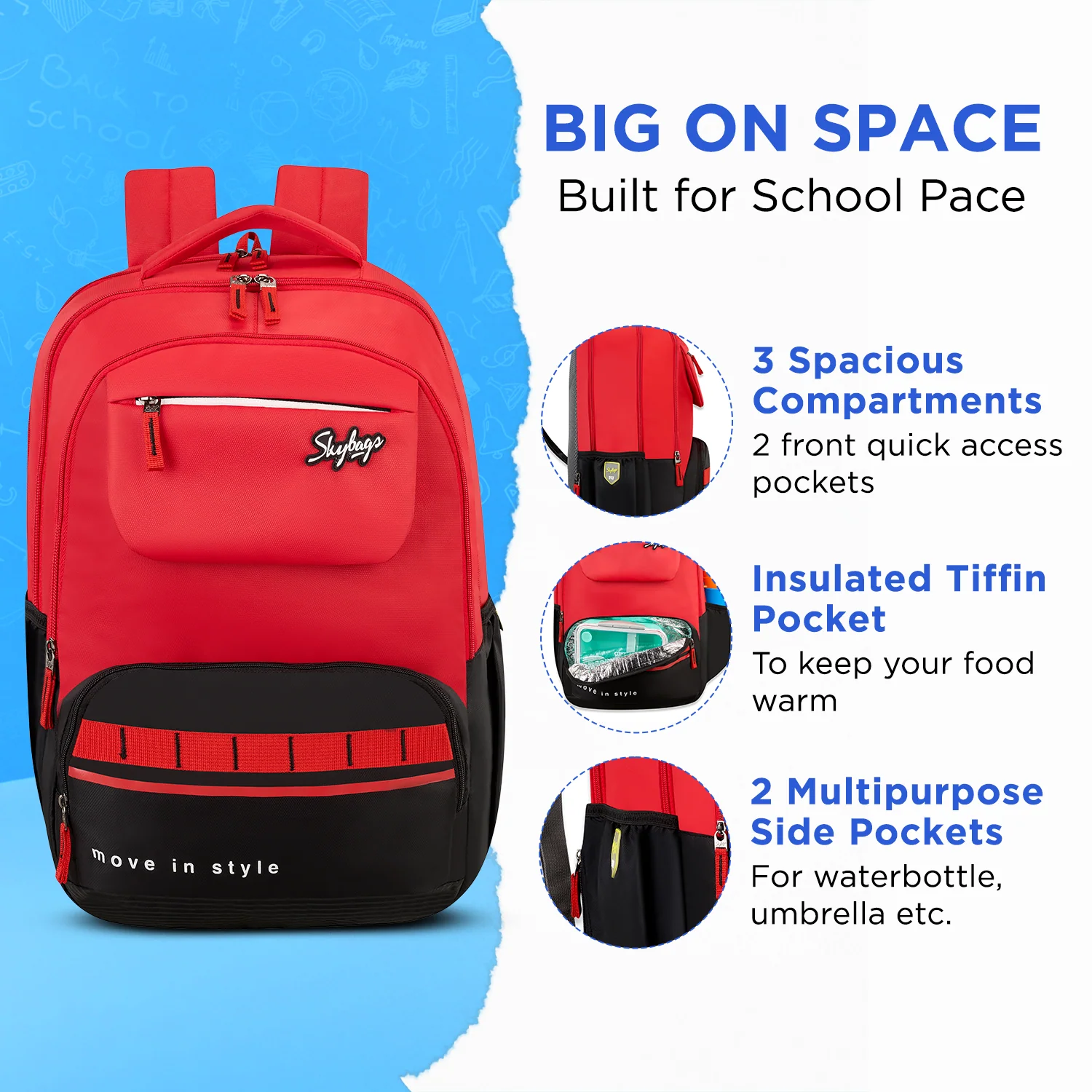 Skybags Bussin 02 School Backpack, Red - Image 3