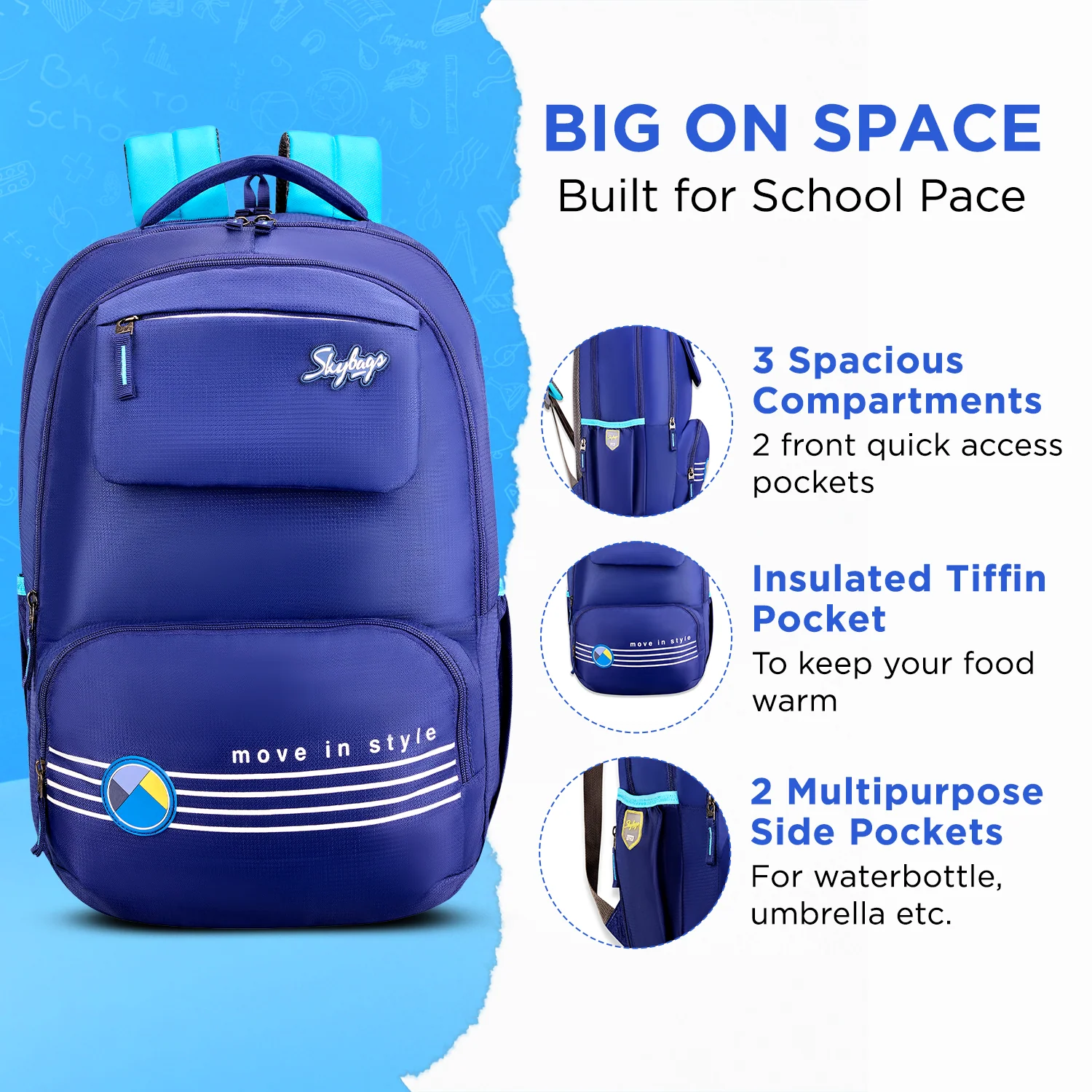 Skybags Bussin 04 School Backpack, Blue - Image 3