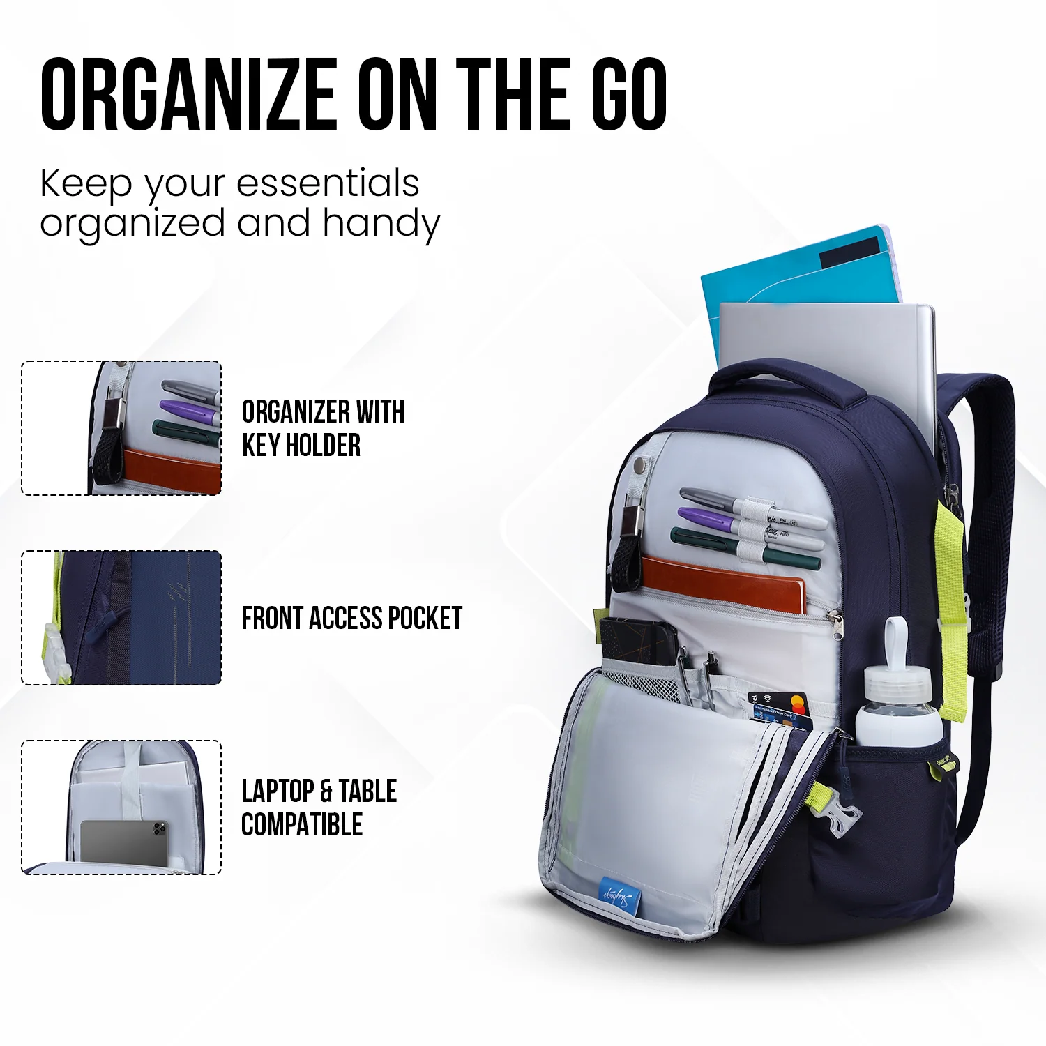Skybags Network NXT 26L Laptop Bag for Men & Women, 3 Spacious Compartments, Anti Theft Gadget Organizer, Rain Cover Ideal For Work Office Backpack, College Bag & Travel Backpack, Navy - Image 3