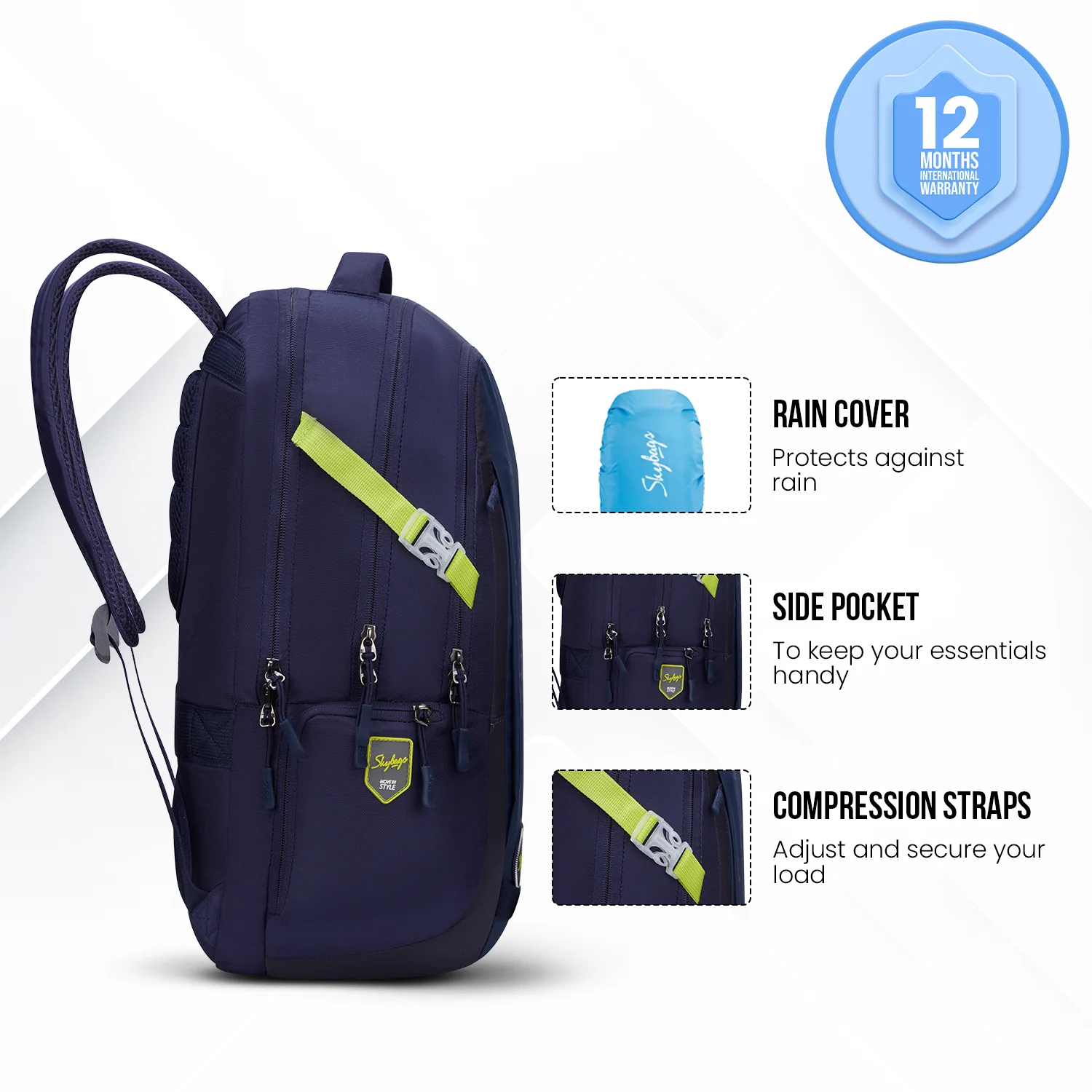 Skybags Network NXT 26L Laptop Bag for Men & Women, 3 Spacious Compartments, Anti Theft Gadget Organizer, Rain Cover Ideal For Work Office Backpack, College Bag & Travel Backpack, Navy - Image 4