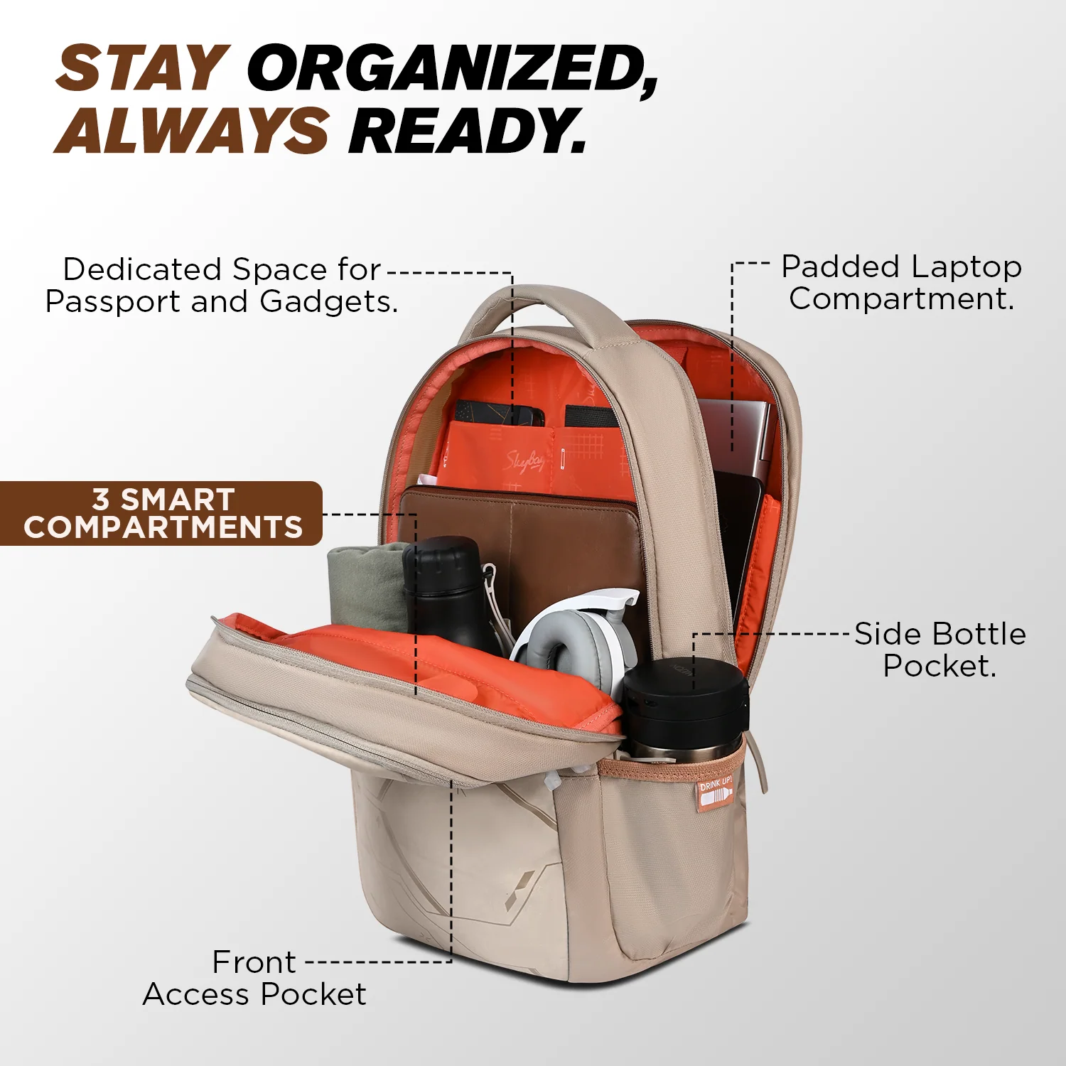Skybags NEXTRA V2 LAPTOP BACKPACK BEIGE - Image 4