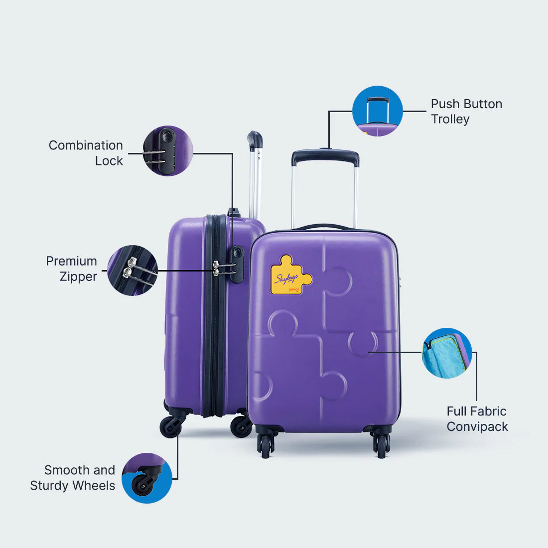 SKYBAGS PUZZLE KIDS HARD CASE CABIN LUGGAGE TROLLEY BAG PURPLE - Image 7