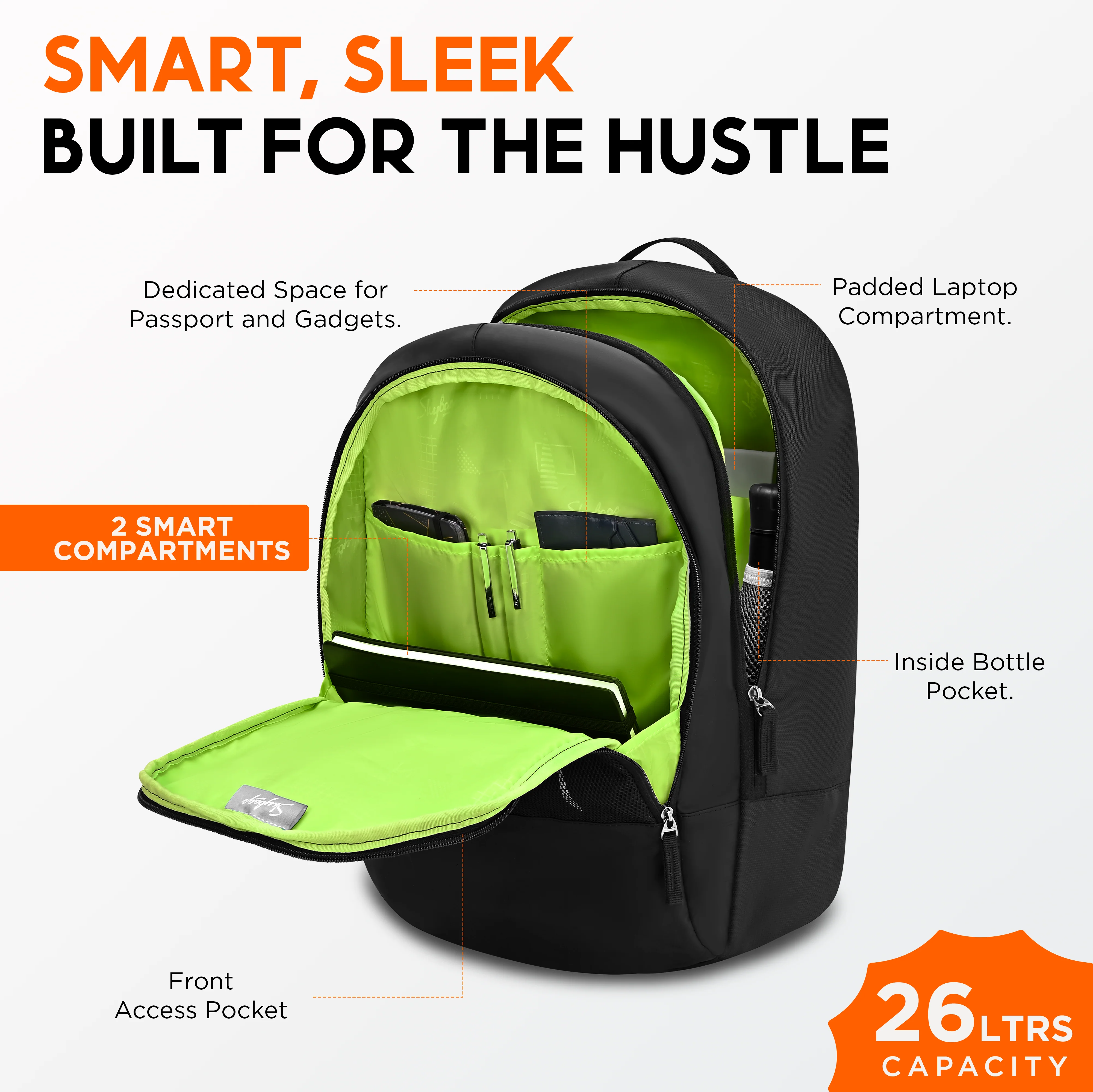 Skybags Tribe V2 Black  Laptop Backpack, Casual Bag , unisex, 26Litres, 2 Compartment, Organiser, Premium TPE Fabric, Light Weight, Backpack for Men Women, 1 Year International Warranty - Image 3