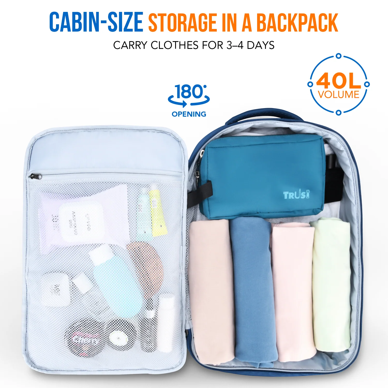 Skybags Wanderer Overnighter, 40L+5L Cabin Size 180° compartment, Expandable, 16 laptop Backpack , Anti-theft, Ideal For Men & women, Work Backpack, College Bag & Travel Backpack Navy - Image 3